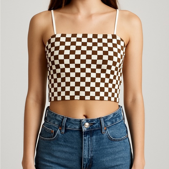 Rue21 Size XS Brown and White Checker Print Crop Tank Top. - Picture 1 of 5
